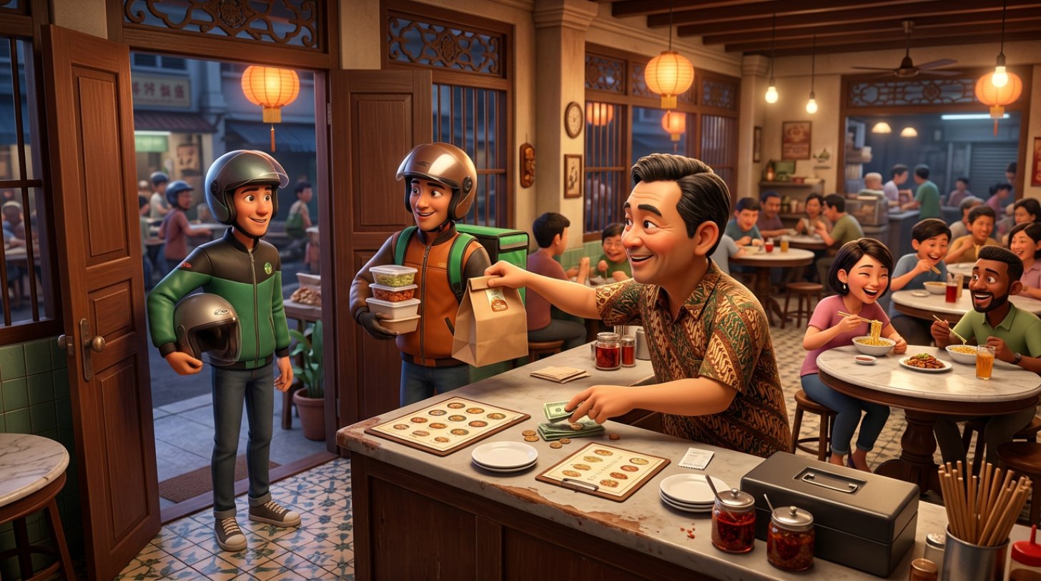 Illustration of a Malaysian kopitiam owner handing takeaway bags to two delivery riders at the door while a stack of coins slides across the counter and seated guests fill the dining room behind him