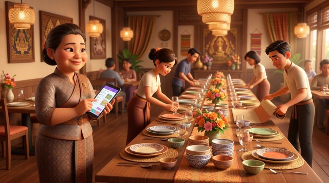 เจ้าของร้านอาหารไทยยืนดูโต๊ะยาวที่จัดเตรียมสำหรับงานเลี้ยงกลุ่มใหญ่ พร้อมแท็บเล็ตแสดงรายละเอียดการจองในมือ