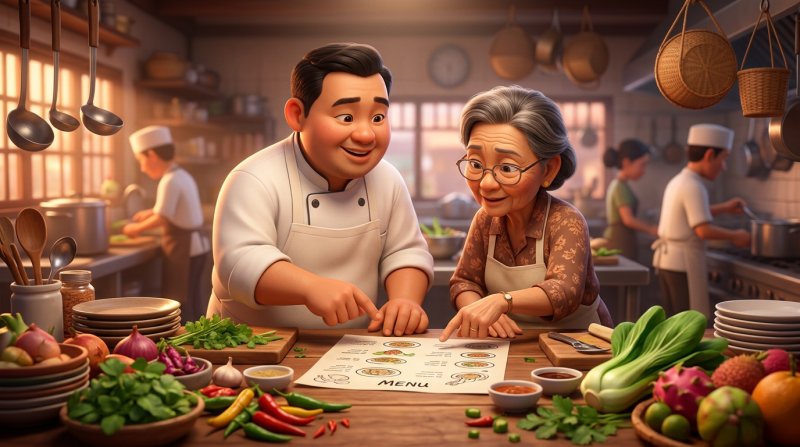 พ่อครัวและเจ้าของร้านอาหารไทยกำลังวางแผนเมนูเซ็ตสำหรับงานเลี้ยง มีรายการอาหารและวัตถุดิบวางอยู่บนโต๊ะครัว