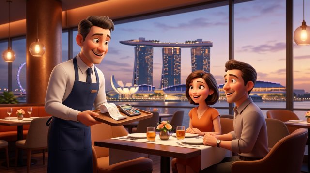 Waiter presenting the bill on a small tray to a couple in a Singapore restaurant, with the Marina Bay skyline visible through the window