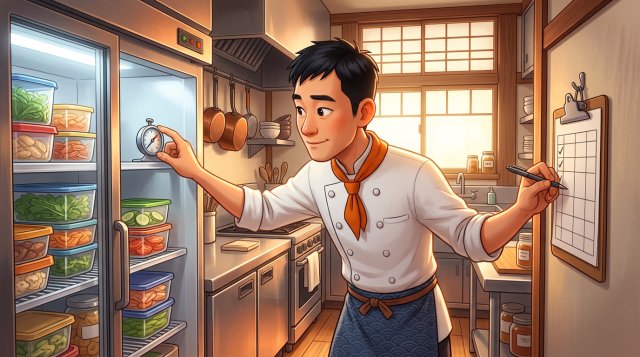 清潔な厨房で冷蔵庫の温度計を確認しチェックリストに印を付けるシェフのイラスト