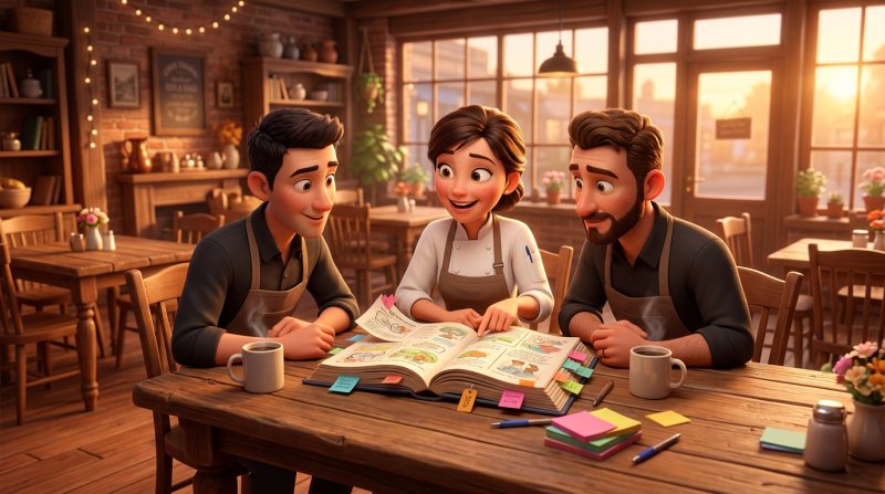 Bucătăreasă și ospătari analizează împreună un manual și etichete colorate, la o masă dintr-un restaurant gol