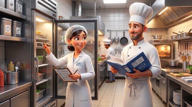 Ilustracja przedstawiająca inspektorkę sanitarną z podkładką, która sprawdza temperaturę lodówki w kuchni restauracji, podczas gdy spokojny kucharz pokazuje segregator z dokumentacją