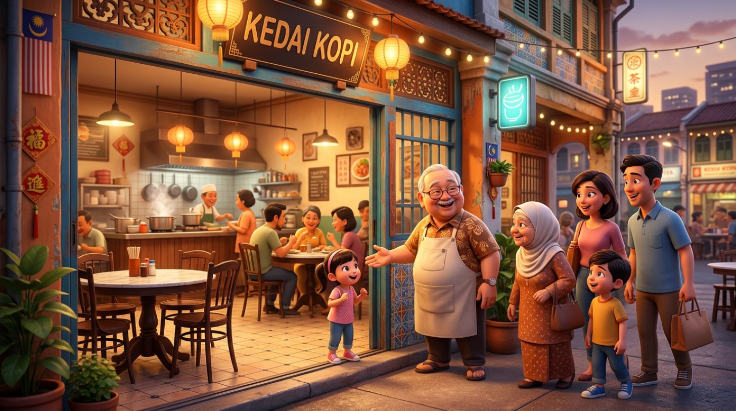 Illustration of a Malaysian restaurant owner welcoming a multigenerational family at the door of a warm kopitiam-style restaurant in a heritage shophouse at dusk