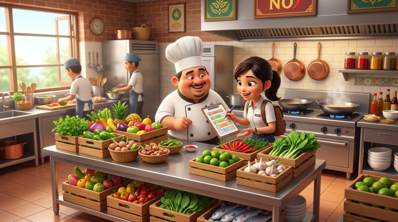 Illustration of a chef and an inspector checking crates of fresh ingredients against a clipboard in a clean Malaysian restaurant kitchen