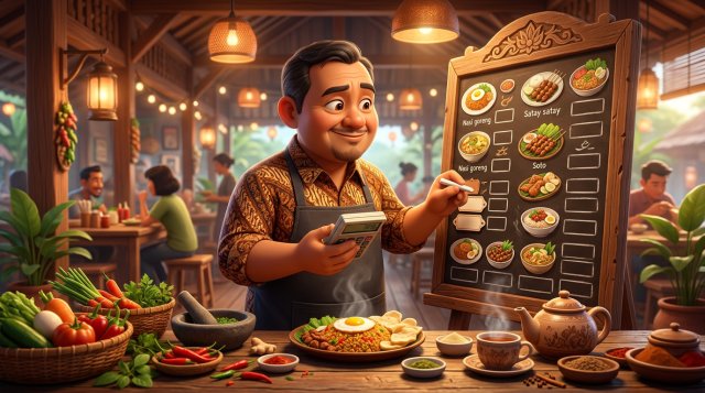 Ilustrasi 3D pemilik restoran menimbang harga di papan menu dengan kalkulator dan bahan makanan di atas meja