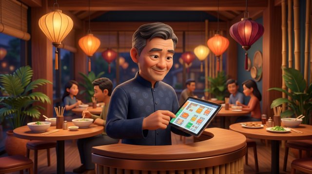 Chủ nhà hàng Việt Nam đứng ở quầy lễ tân, xem sơ đồ bàn và lịch đặt bàn trên máy tính bảng trong không gian nhà hàng ấm cúng