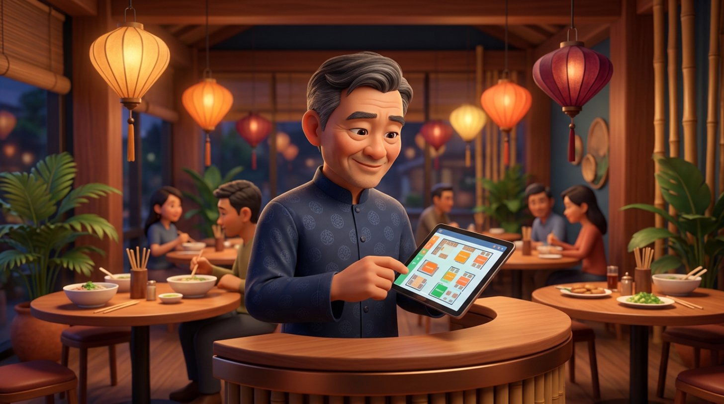 Chủ nhà hàng Việt Nam đứng ở quầy lễ tân, xem sơ đồ bàn và lịch đặt bàn trên máy tính bảng trong không gian nhà hàng ấm cúng