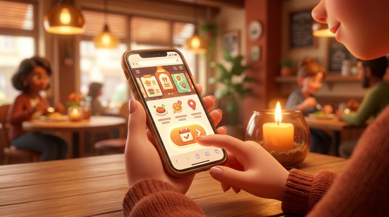 Händer som håller en mobil med en restauranghemsida där en tydlig bokningsknapp syns