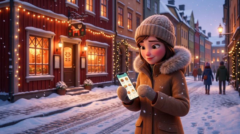 En gäst i vinterjacka läser en restaurangmeny med rätter och priser på sin mobil på en snöig kvällsgata