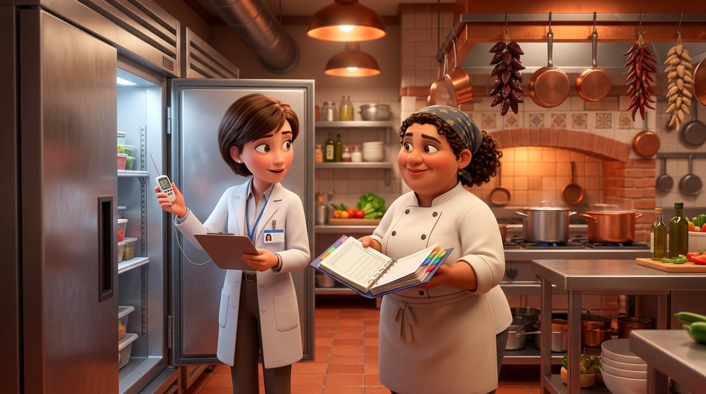 Ilustración de una inspectora de sanidad con portapapeles comprobando la temperatura de una cámara frigorífica mientras la cocinera muestra tranquila su carpeta de registros