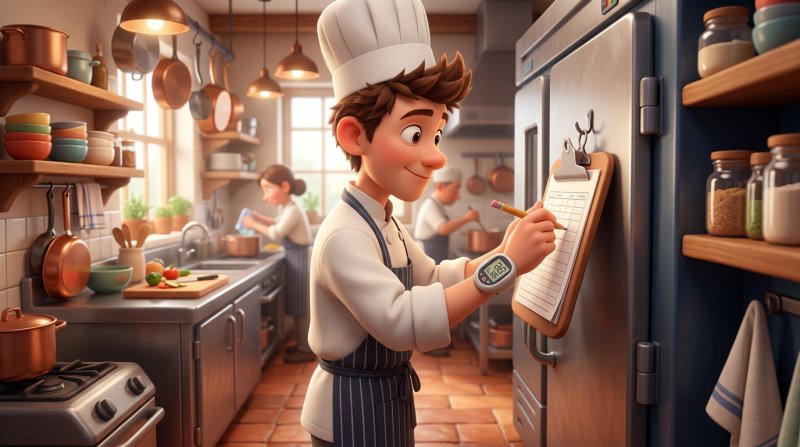Cocinero anotando la temperatura de la cámara frigorífica en una hoja de registro colgada junto a la puerta