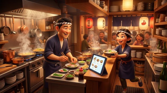 少人数で調理と配膳をてきぱきとこなす小さな飲食店の厨房と、パスに置かれたタブレットのイラスト