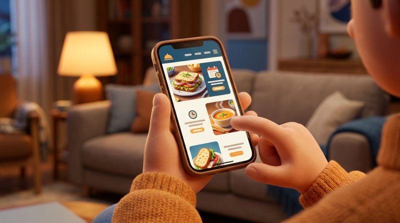 Hænder holder en mobil med en restauranthjemmeside, hvor en tydelig bookingknap er fremhævet