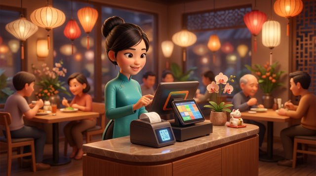Thu ngân nhà hàng Việt Nam in hóa đơn điện tử có mã QR từ máy tính tiền tại quầy