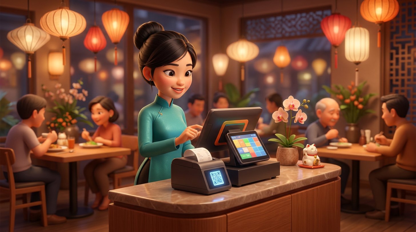 Thu ngân nhà hàng Việt Nam in hóa đơn điện tử có mã QR từ máy tính tiền tại quầy