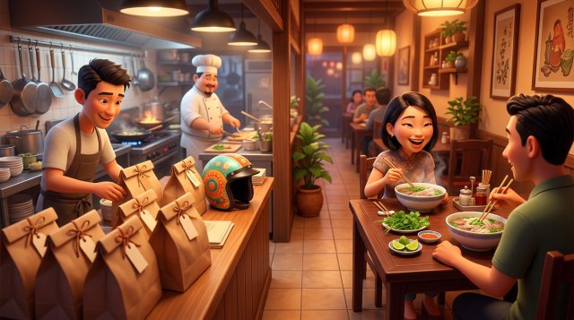 Bếp nhà hàng Việt với túi giao đồ ăn chờ tài xế bên trái và khu bàn ăn tại chỗ ấm cúng bên phải