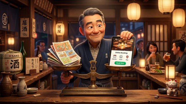 クーポンのチラシの束とタブレットの予約画面を天秤にかけて見比べる居酒屋の店主