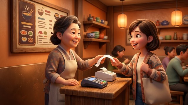 작은 식당 카운터에서 카드 단말기 옆에 선 사장님이 손님에게 영수증을 건네는 3D 일러스트