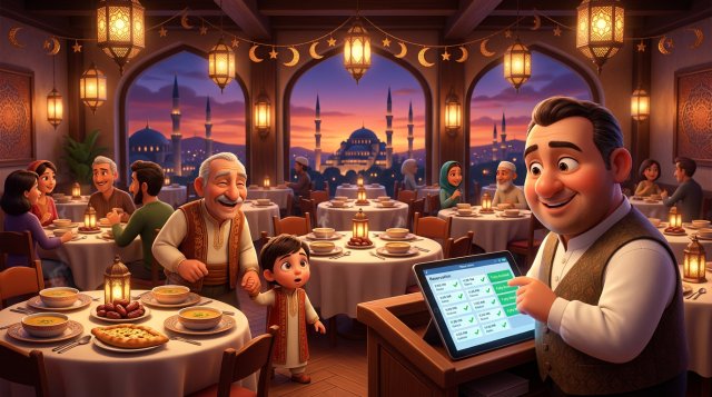 Ramazan'da fenerlerle süslenmiş bir restoranda, her masada aynı sabit iftar menüsü hazırken rezervasyon tabletini kontrol eden gülümseyen işletmeci ve içeri giren aileler