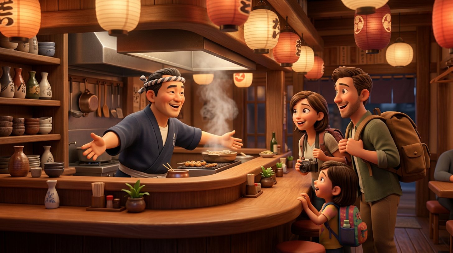 居酒屋のカウンターで外国人旅行者の家族を笑顔で迎える料理人のイラスト