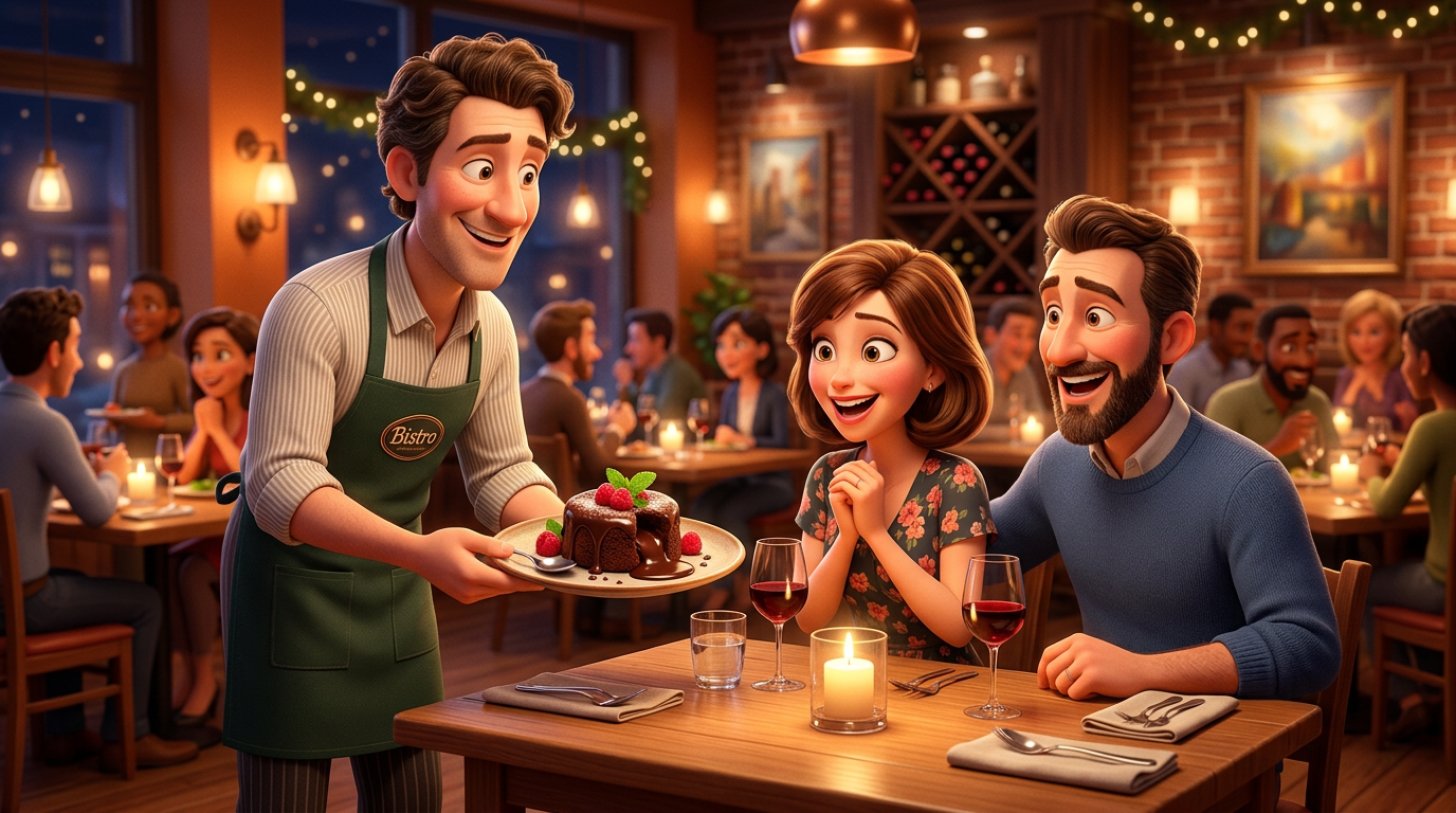 Illustration of a smiling waiter presenting a chocolate dessert to a couple at a candlelit restaurant table