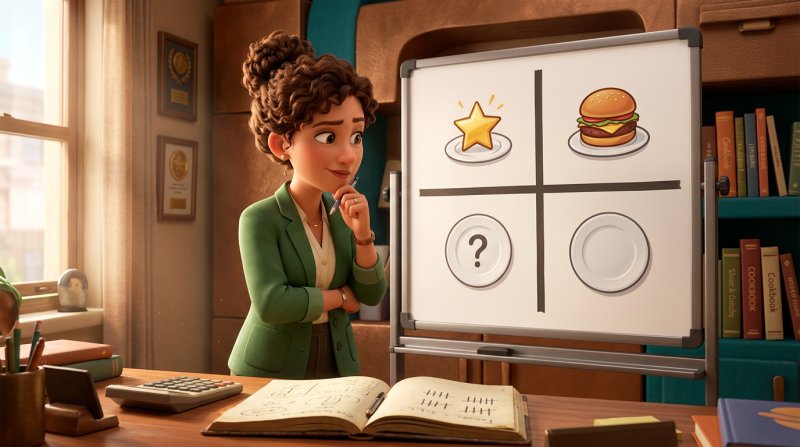 Restaurant owner studying a four-quadrant menu matrix pinned with dish icons on an office board