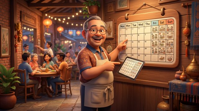 เจ้าของร้านอาหารไทยดูตารางการจองรายสัปดาห์บนแท็บเล็ต เห็นช่องวันธรรมดาว่างและช่องวันหยุดเต็ม