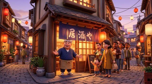 夕暮れの飲食店街で、明るく灯る一軒の店先でお客様を迎える店主のイラスト