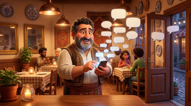 Elindeki telefondan etrafa mesaj balonları saçılan, gülümseyen ama bunalmış bir restoran işletmecisi
