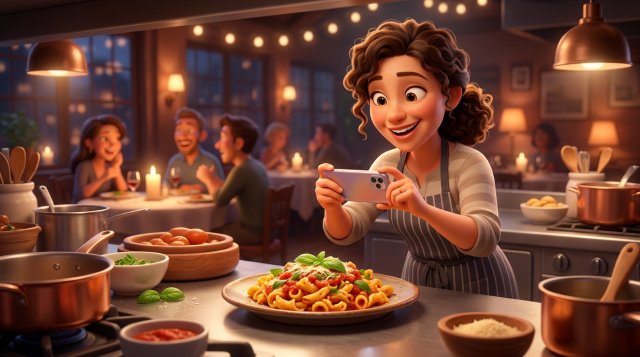 Illustration of a smiling restaurant owner filming a colorful pasta dish with her smartphone at the kitchen pass
