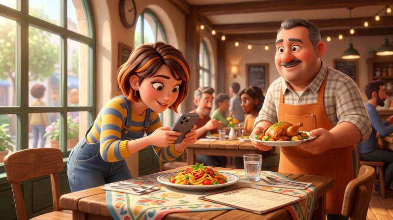 Illustration of a food content creator photographing her plate while the restaurant owner brings her another dish