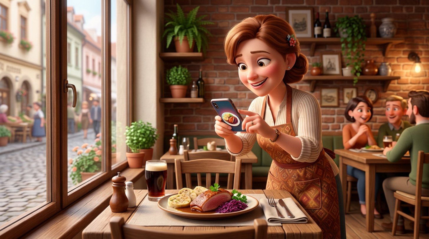 Majitelka restaurace fotí telefonem naservírovaný talíř jídla na dřevěném stole u okna své restaurace