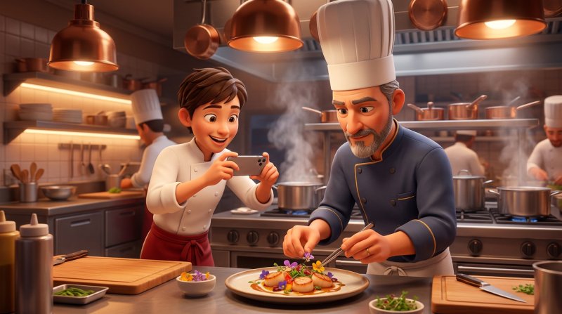 Illustration av en ung kock som filmar med smartphone när köksmästaren lägger upp en tallrik i restaurangköket