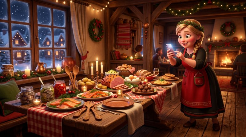 Illustration av ett dukat julbord i en svensk restaurang där en servitris fotograferar bordet med sin telefon