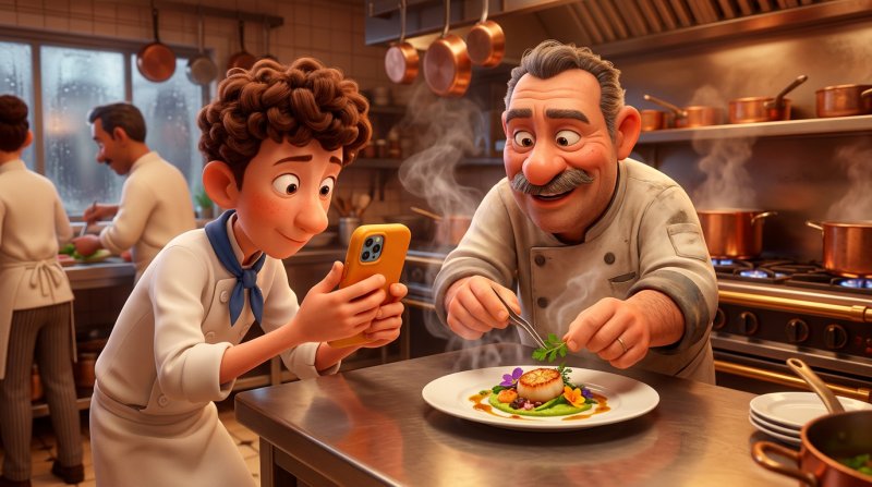 Illustratie van een jonge kok die met een smartphone filmt hoe de chef een bord opmaakt in de keuken