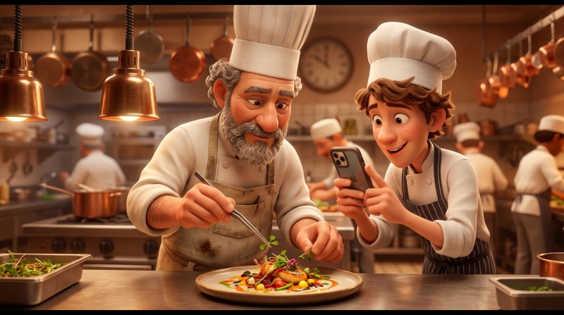 Illustration d'un commis filmant au smartphone le dressage d'une assiette par le chef en cuisine