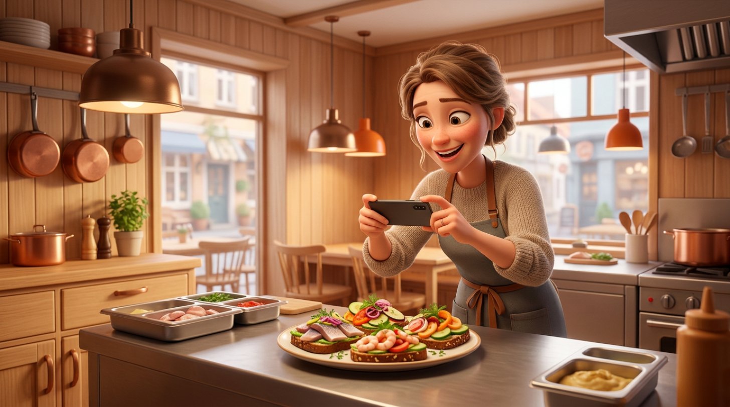Illustration af en smilende dansk restauratør, der fotograferer en farverig tallerken med sin smartphone ved køkkenpassen
