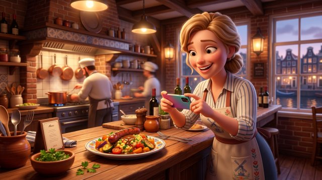 Illustratie van een lachende restauranthouder die met haar smartphone een kleurrijk gerecht fotografeert aan de pas van haar keuken