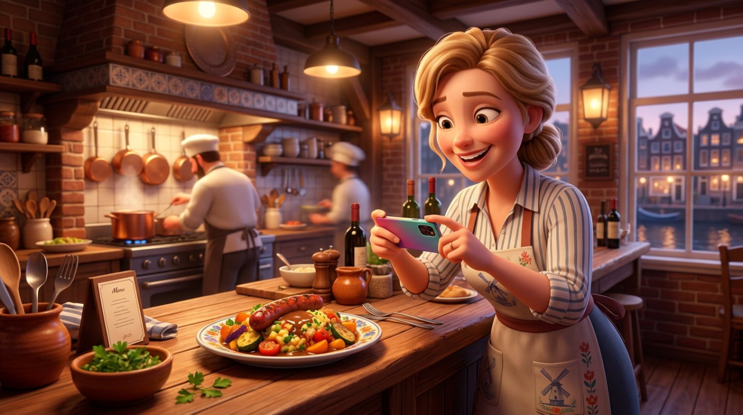 Illustratie van een lachende restauranthouder die met haar smartphone een kleurrijk gerecht fotografeert aan de pas van haar keuken
