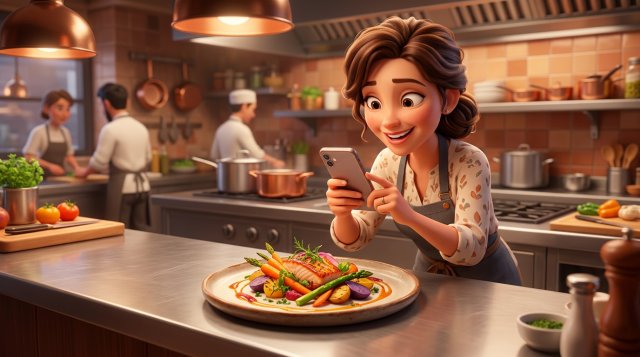 Illustration d'une restauratrice souriante photographiant un plat coloré avec son smartphone sur le passe de sa cuisine