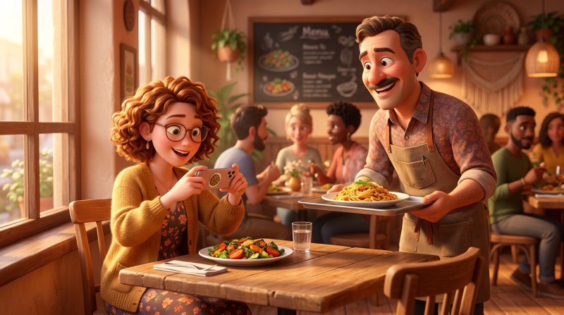 Illustration d'une créatrice de contenu photographiant son assiette pendant que le restaurateur lui apporte un plat