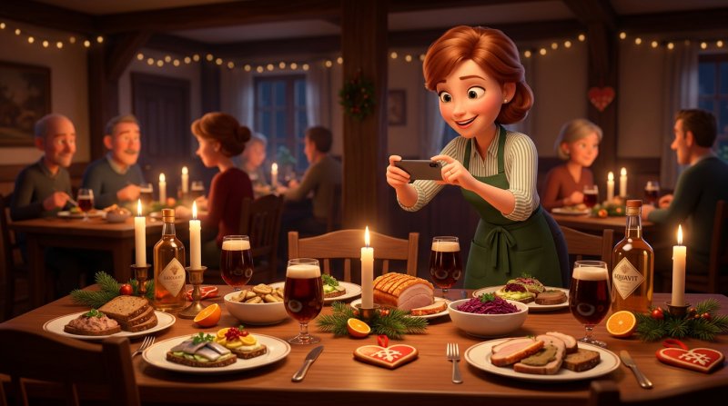Illustration af et dækket julefrokostbord i en dansk restaurant, hvor en tjener fotograferer bordet med sin telefon