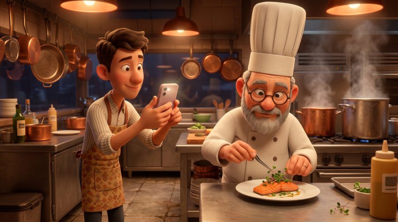 Ilustração de um ajudante de cozinha a filmar com o telemóvel o chef a empratar um prato na cozinha do restaurante