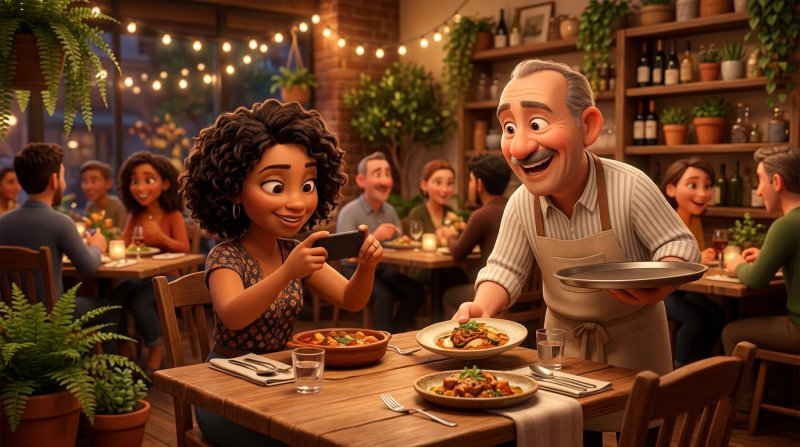 Ilustración de una creadora de contenido gastronómico fotografiando su plato con el móvil (o celular) mientras el dueño del restaurante le sirve sonriente otro plato