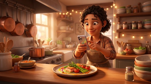 Ilustración de una cocinera sonriente grabando con su móvil un plato colorido recién emplatado en el pase de su restaurante