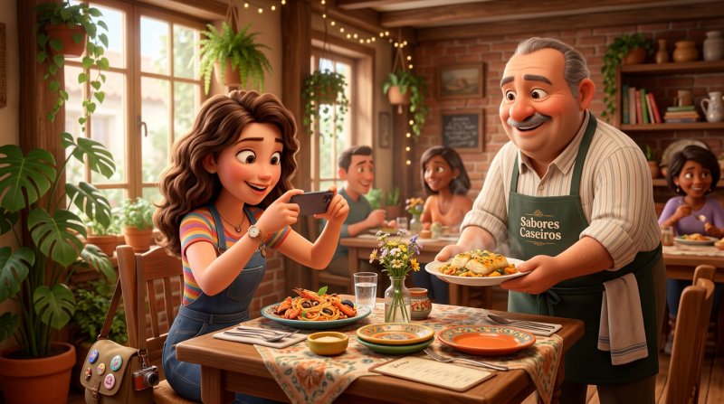 Ilustração de uma criadora de conteúdo gastronómico a fotografar o prato com o telemóvel enquanto o dono do restaurante lhe serve sorridente outra especialidade