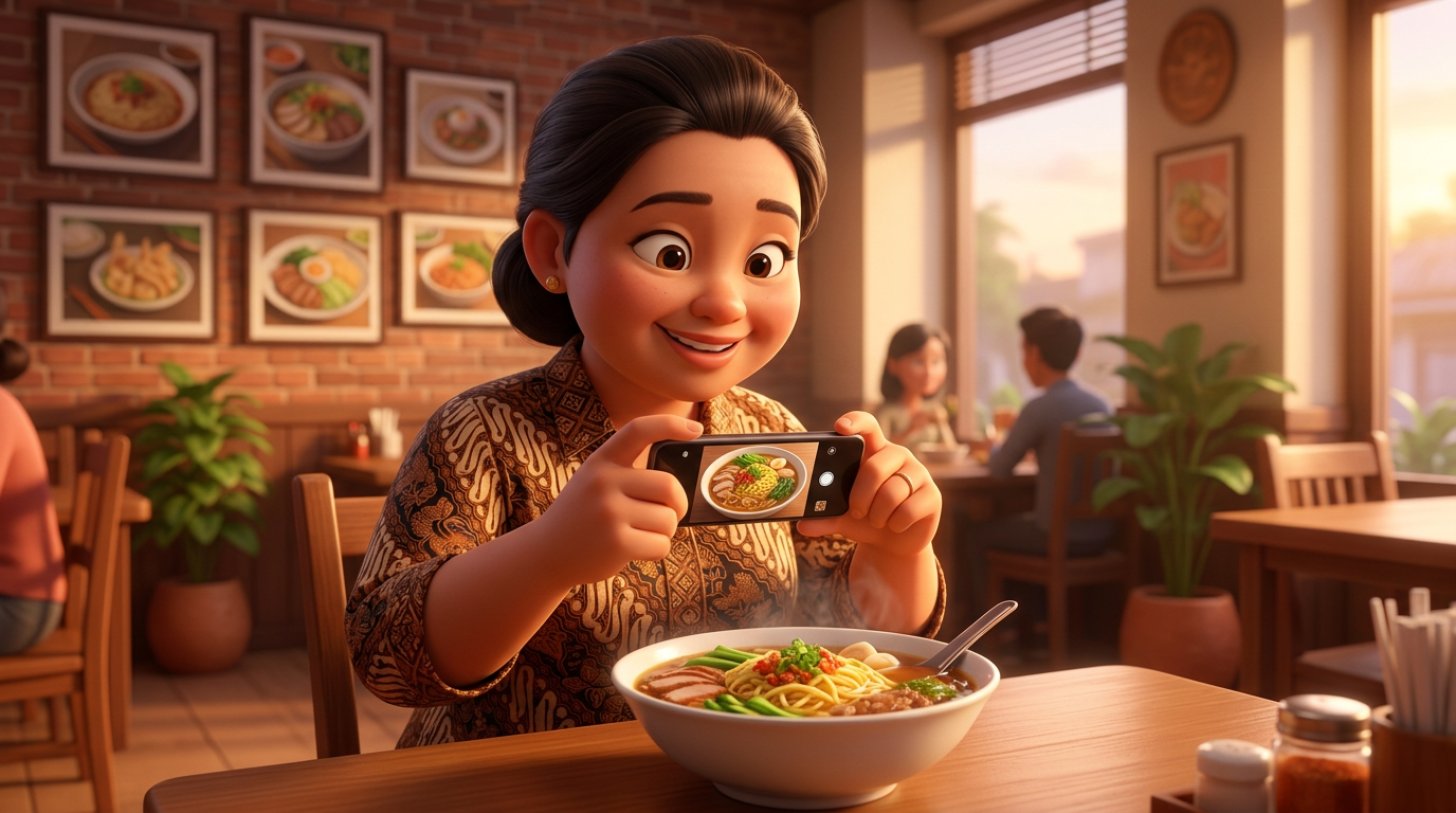 Ilustrasi 3D pemilik restoran memotret hidangan dengan smartphone di depan etalase restoran yang dihiasi bingkai foto makanan
