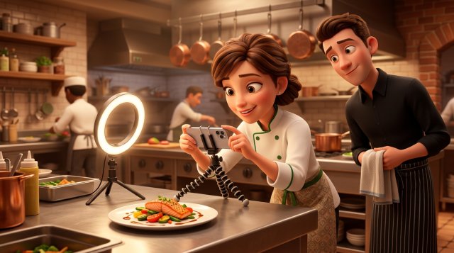 Smaidīga šefpavāre restorāna virtuvē filmē ar viedtālruni uz statīva krāsainu ēdienu, blakus gaismas gredzens un ieinteresēts viesmīlis