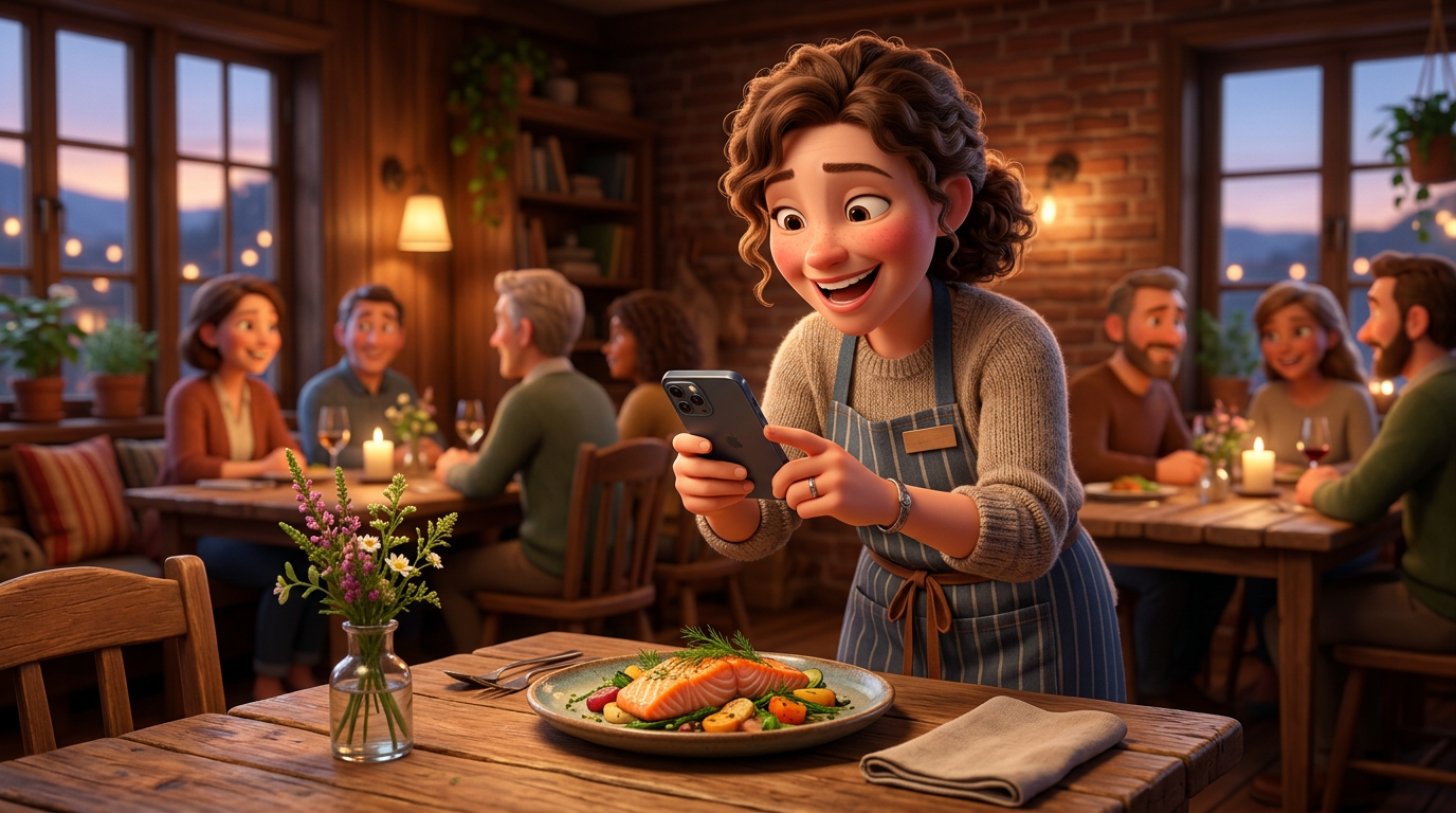 Naeratav restoranipidaja pildistab telefoniga kaunilt serveeritud rooga hubases restoranisaalis